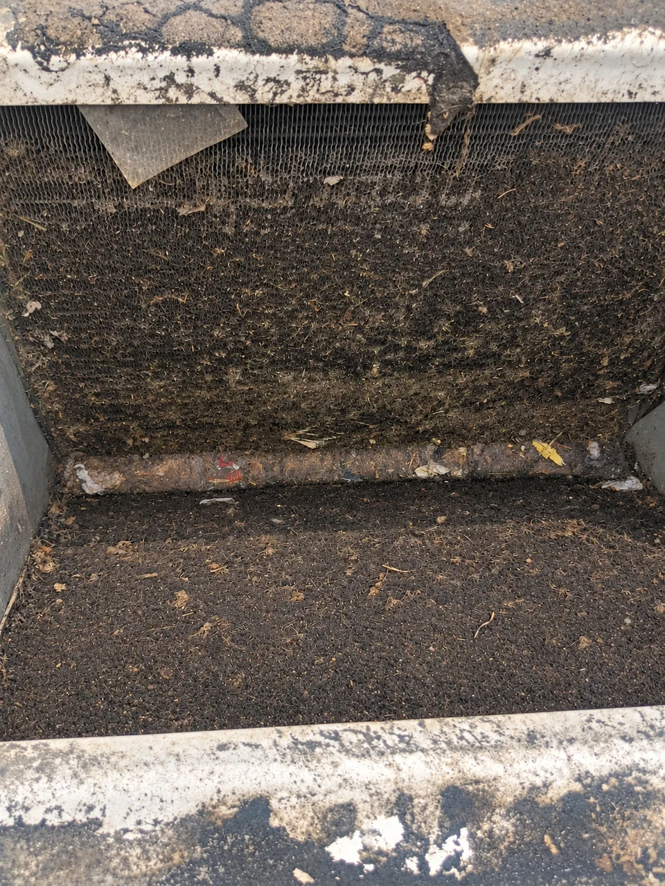 Heavy debris covering an evaporator coil inside its cabinet before cleaning
